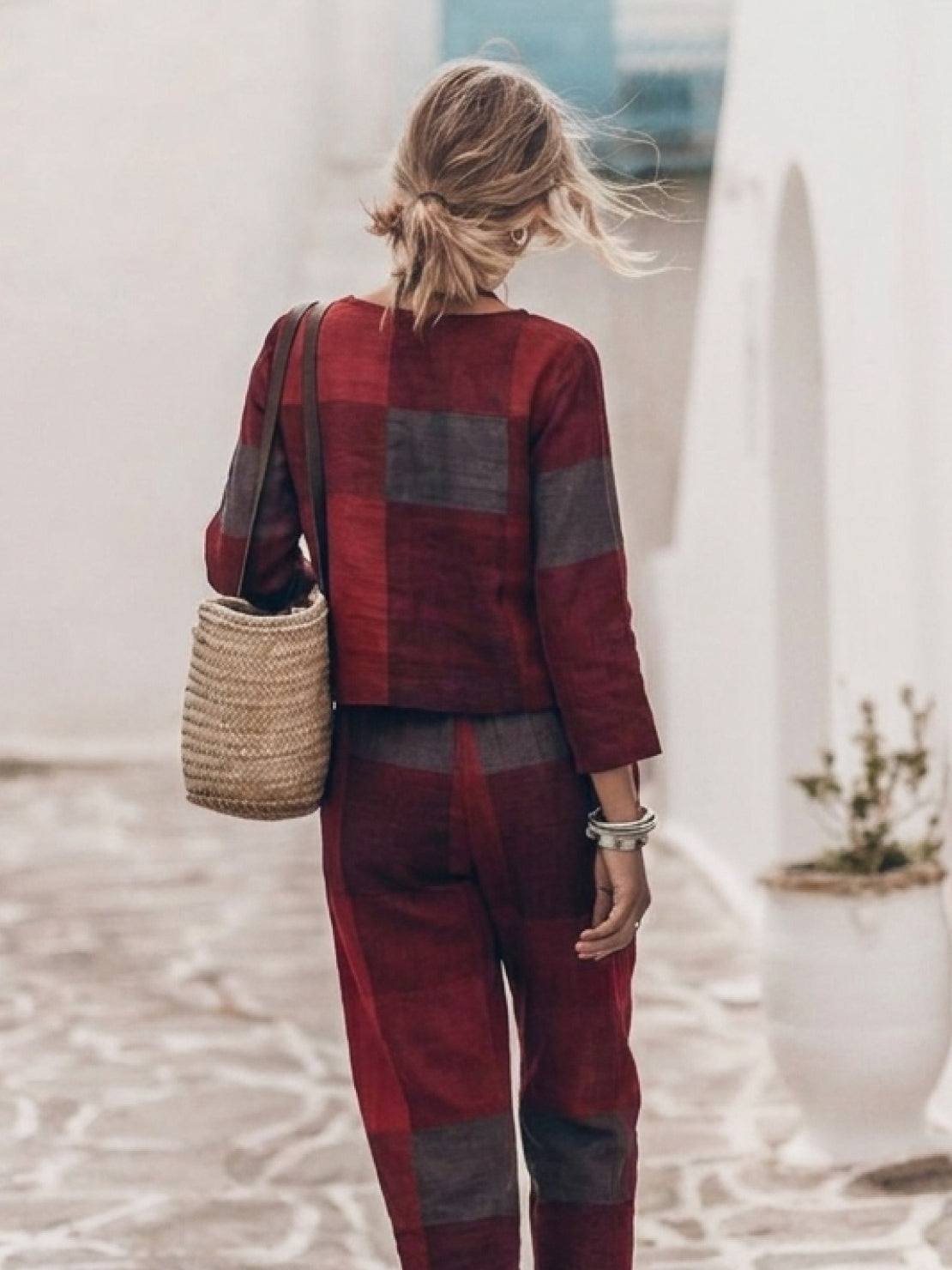 Woman wearing cotton-linen monochrome relaxed longline top and wide-leg pants set