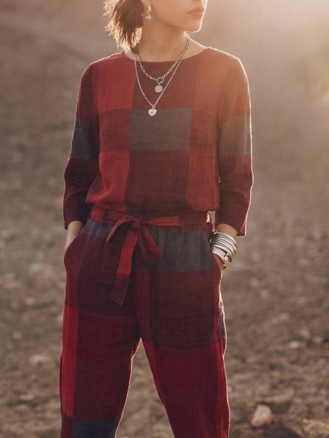 woman wearing relaxed cotton-linen monochrome longline top and wide-leg pants set