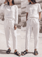 Cotton-linen three-piece monochrome set with relaxed short-sleeve top and straight-leg pants in breathable fabric