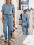 Cotton-linen three-piece casual set with relaxed fit and natural texture in monochrome tones
