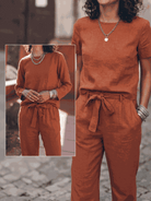 Cotton-linen set with relaxed short-sleeve top and straight-leg pants in a breathable monochrome fabric