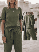 casual women's cotton-linen set with short-sleeve top and straight-leg pants in soft breathable fabric