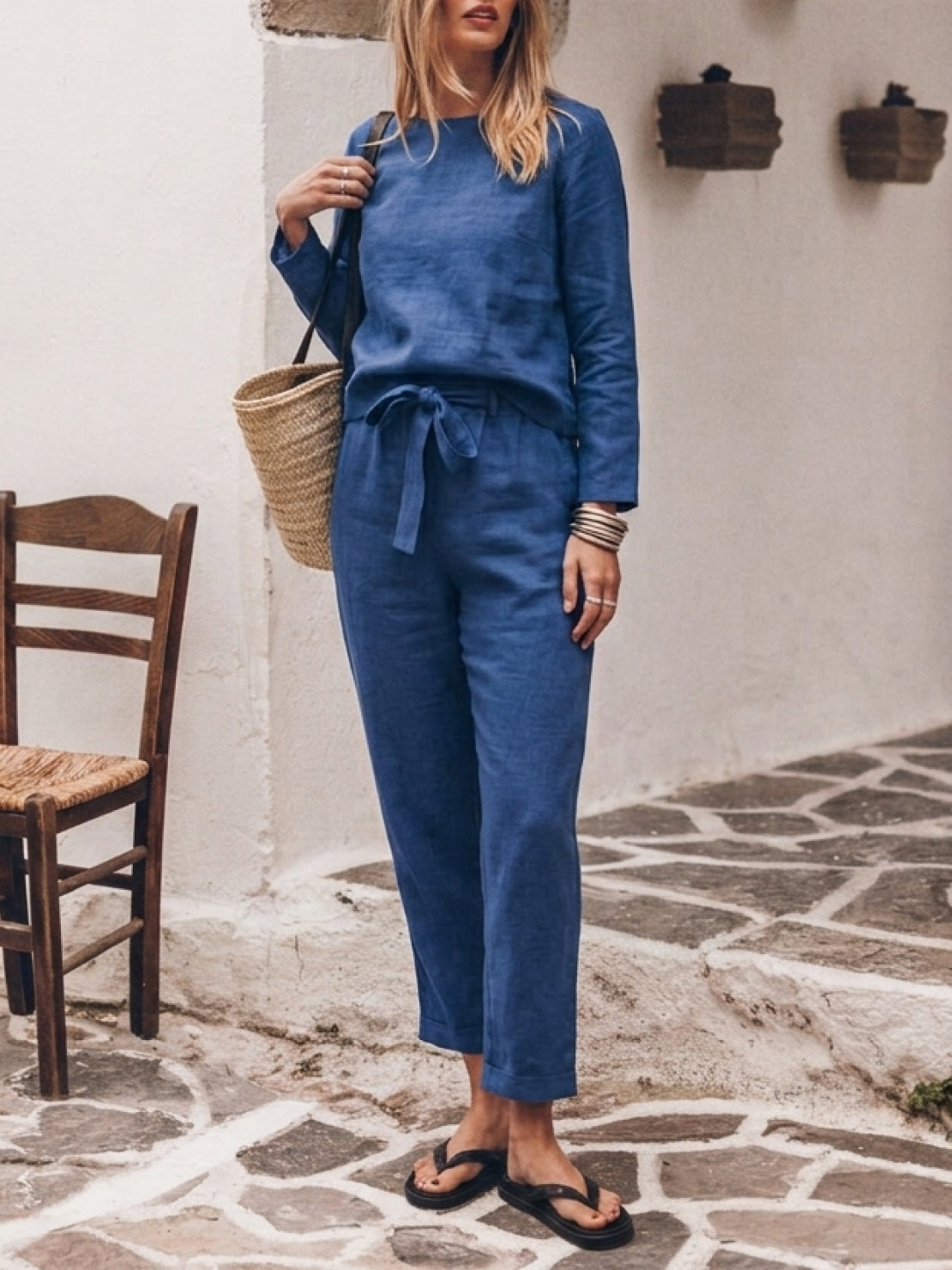 Woman wearing cotton-linen monochrome longline top and wide-leg pants set