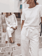 breathable cotton-linen set with relaxed short-sleeve top and straight-leg pants in monochrome tones