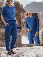 Women's cotton-linen set with relaxed short-sleeve top and straight-leg pants in a breathable monochrome fabric