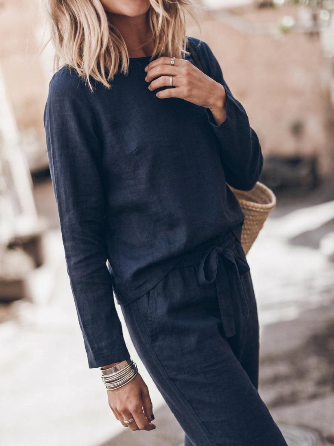 Woman wearing relaxed cotton-linen monochrome longline top and wide-leg pants set
