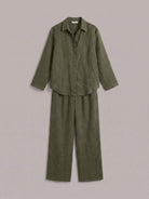 Model wearing oversized 100% cotton shirt with wide-leg pants co-ord set in relaxed style