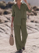 Woman modeling oversized 100% cotton shirt with wide-leg pants co-ord set in relaxed style