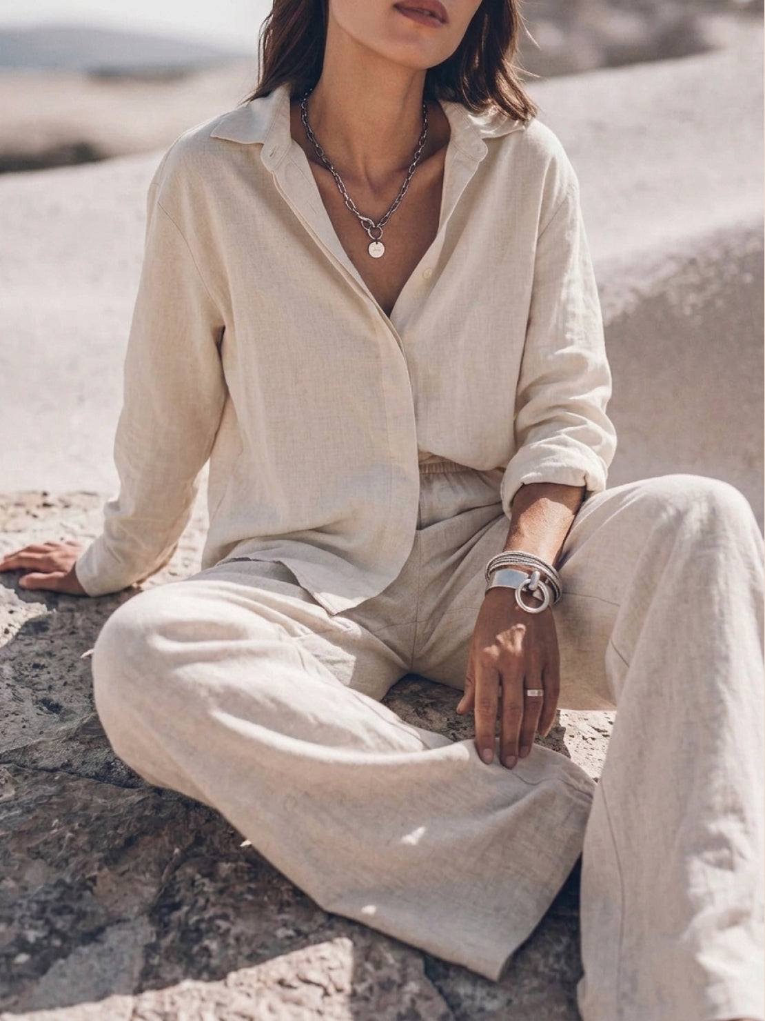 Model wearing oversized 100% cotton shirt and wide-leg pants co-ord set in relaxed fit