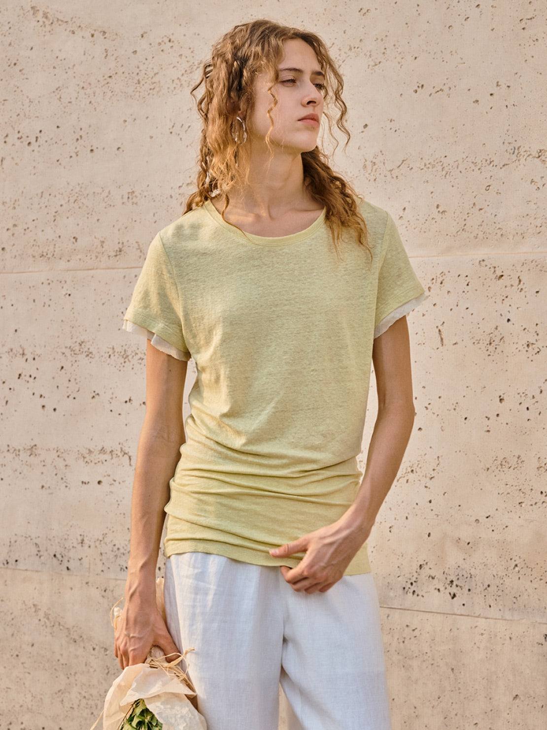 100% linen rolled cuff tee with relaxed scoop neckline and contrast inner lining