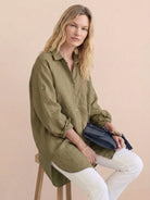 Oversized linen shirt with relaxed fit and breathable cotton-linen blend in soft sun-washed texture