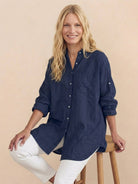 oversized linen shirt in soft cotton blend with relaxed fit and gathered back pleats