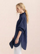 oversized linen shirt in soft breathable cotton-linen blend with relaxed fit and gathered back pleats