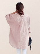 oversized 100% cotton linen relaxed button-up shirt with dropped shoulders and back pleat detail