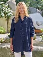 Oversized linen shirt in soft linen-cotton blend with relaxed fit and back pleat details