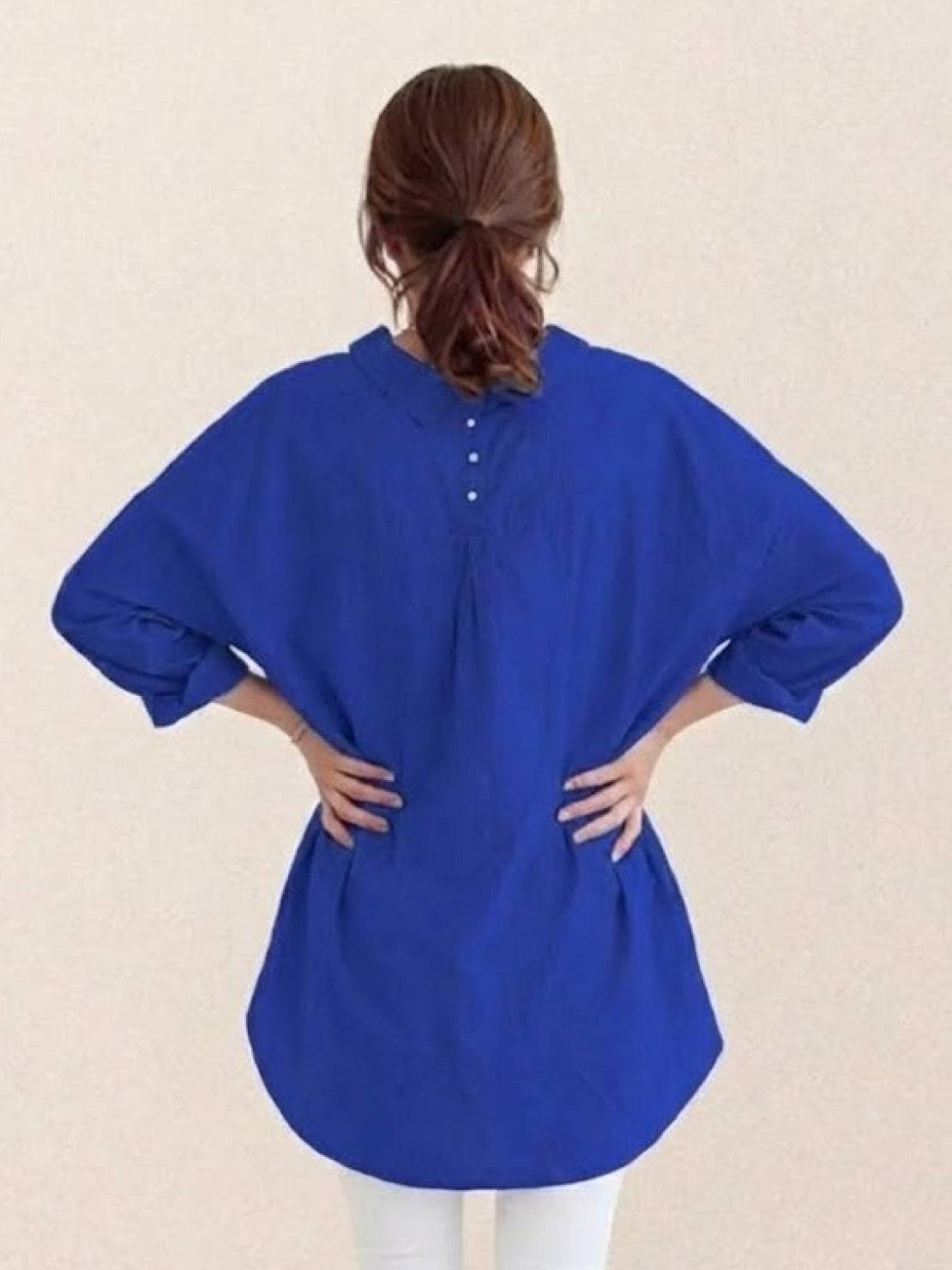 Oversized relaxed cotton linen shirt with dropped shoulders and back pleat detail