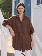 Oversized linen shirt in soft breathable cotton-linen blend with relaxed fit and button back detailing