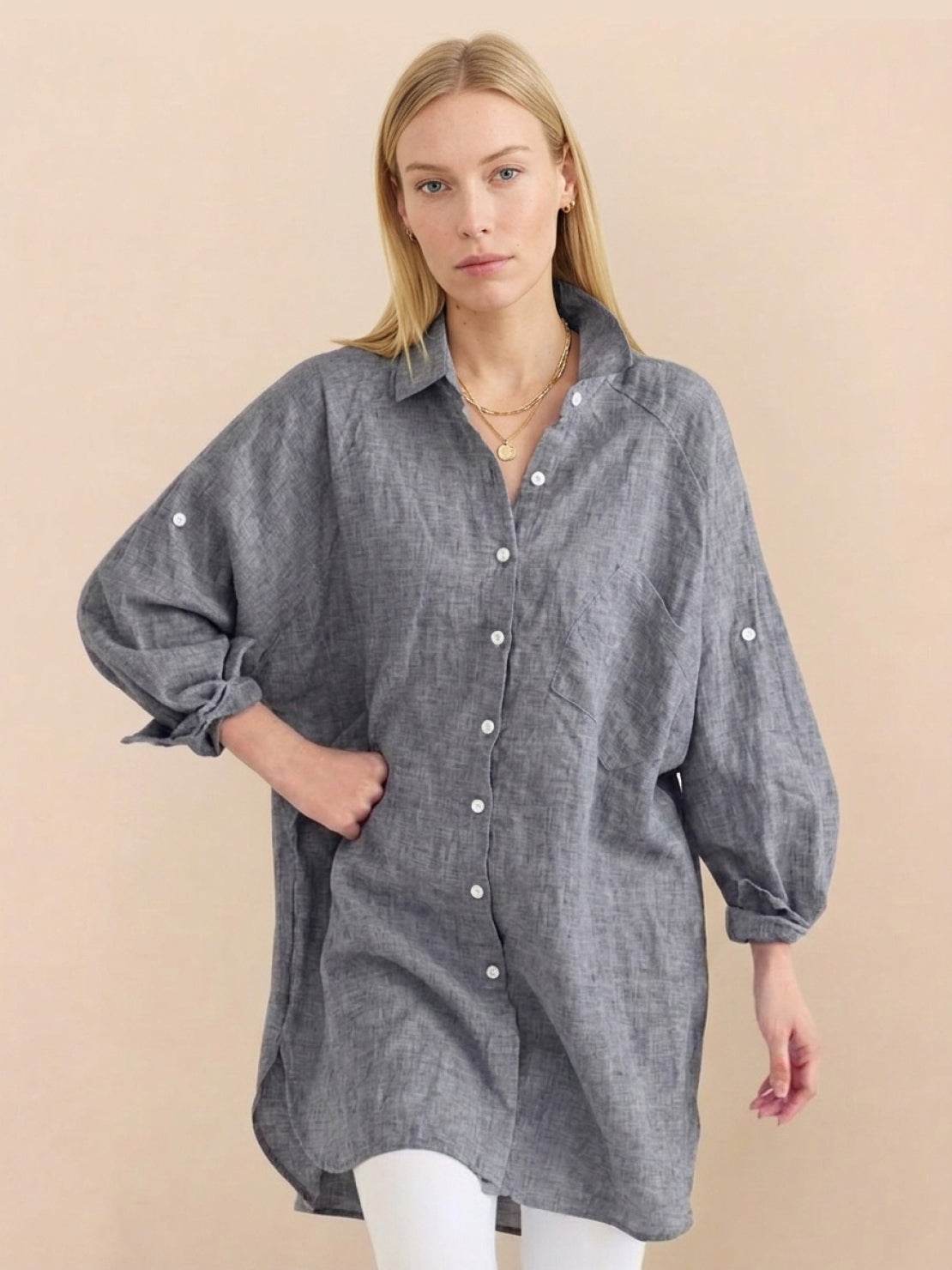 Oversized linen and cotton blend shirt with relaxed fit and back pleat detailing
