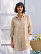 Oversized linen shirt in soft breathable cotton-linen blend with relaxed fit and button back detailing