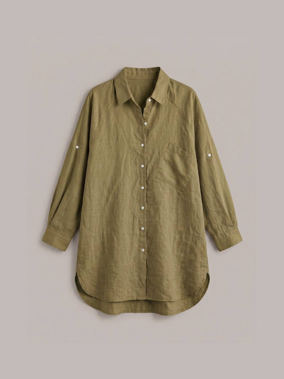 oversized 100% cotton linen shirt with dropped shoulders and back pleat detail