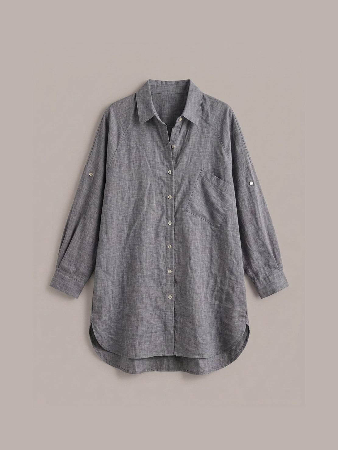 Relaxed oversized 100% cotton linen shirt with dropped shoulders and back pleat detail