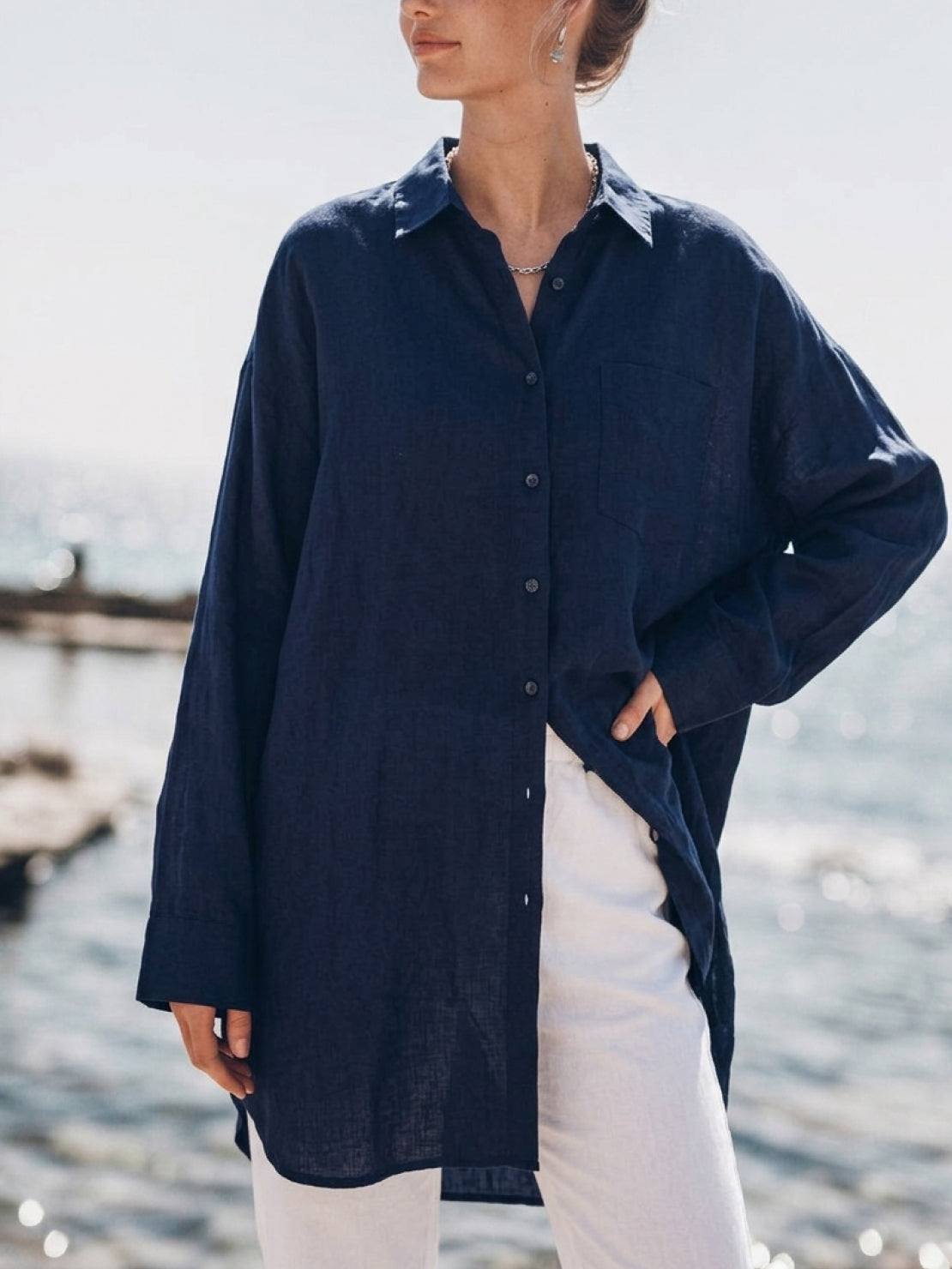 Oversized relaxed cotton linen shirt with dropped shoulders and back pleat detail
