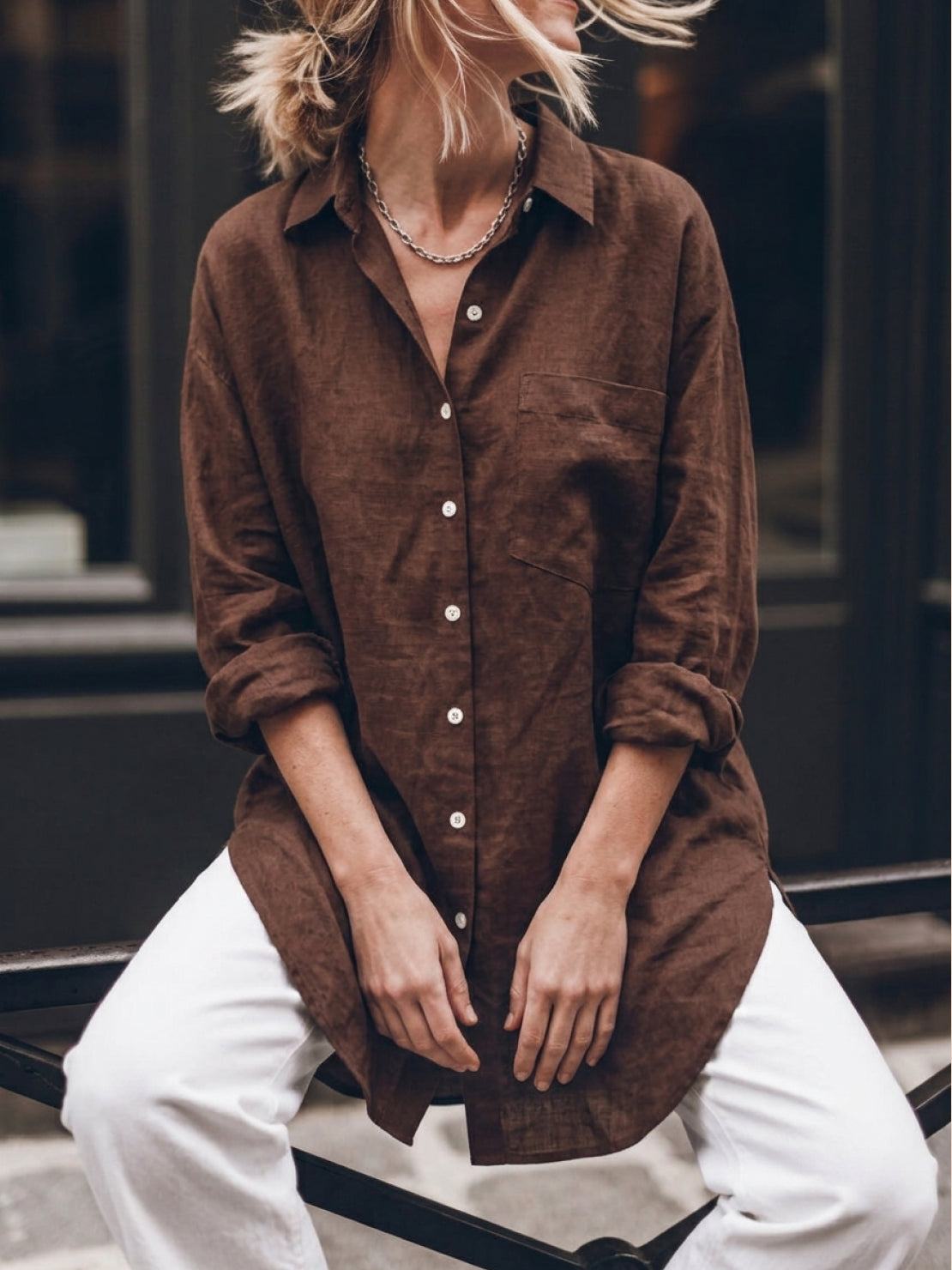 Oversized relaxed fit 100% cotton linen shirt with dropped shoulders and back pleat detail