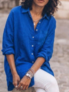 Oversized relaxed 100% cotton linen button-up shirt with dropped shoulders and back pleat detail