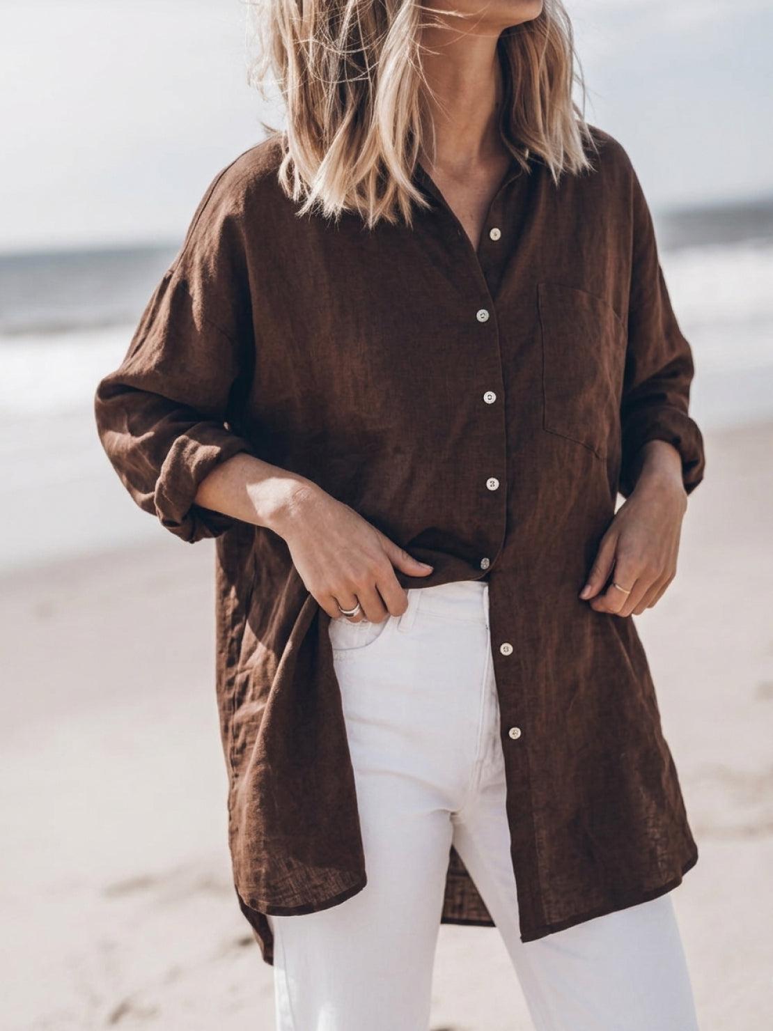 relaxed oversized 100% cotton linen shirt with dropped shoulders and back pleat detail