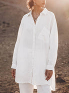 relaxed oversized 100% cotton linen shirt with dropped shoulders and back pleat detail