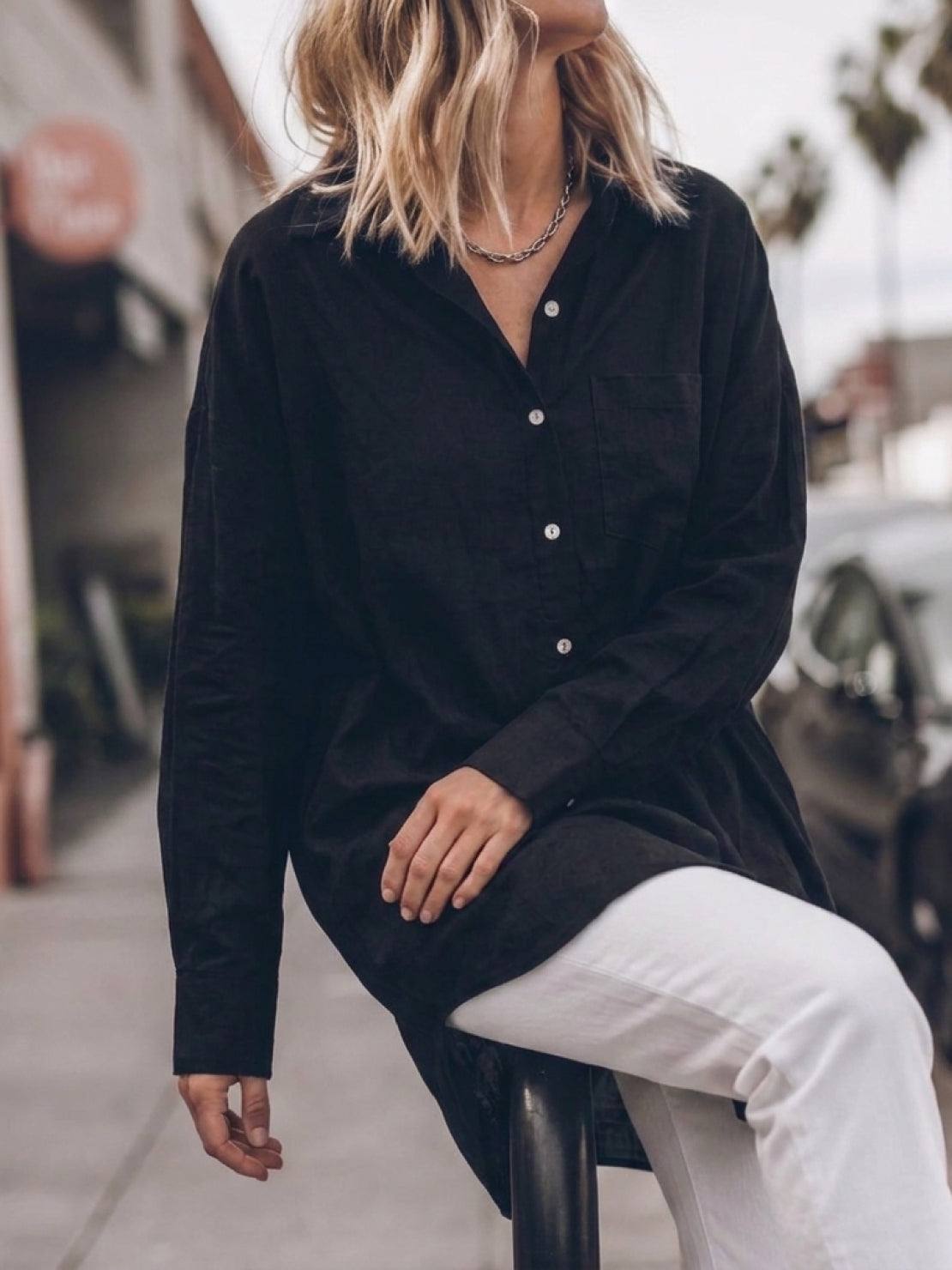 oversized relaxed cotton linen shirt with dropped shoulders and back pleat detail