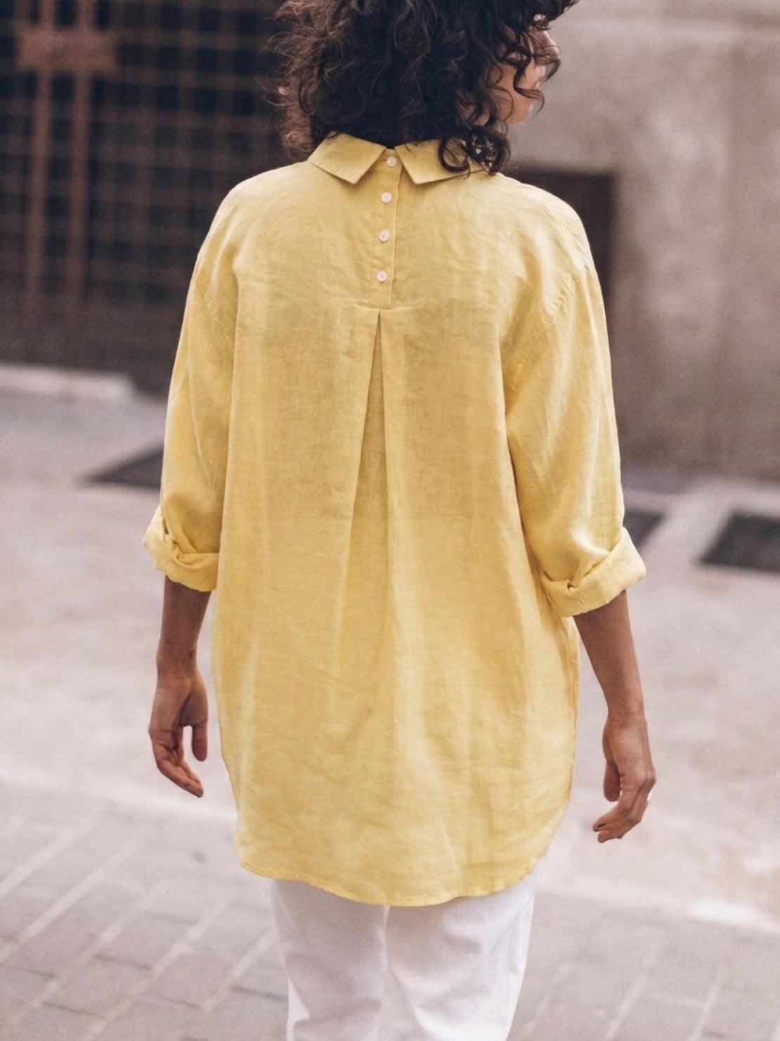 oversized relaxed cotton linen shirt with dropped shoulders and signature back pleat detail
