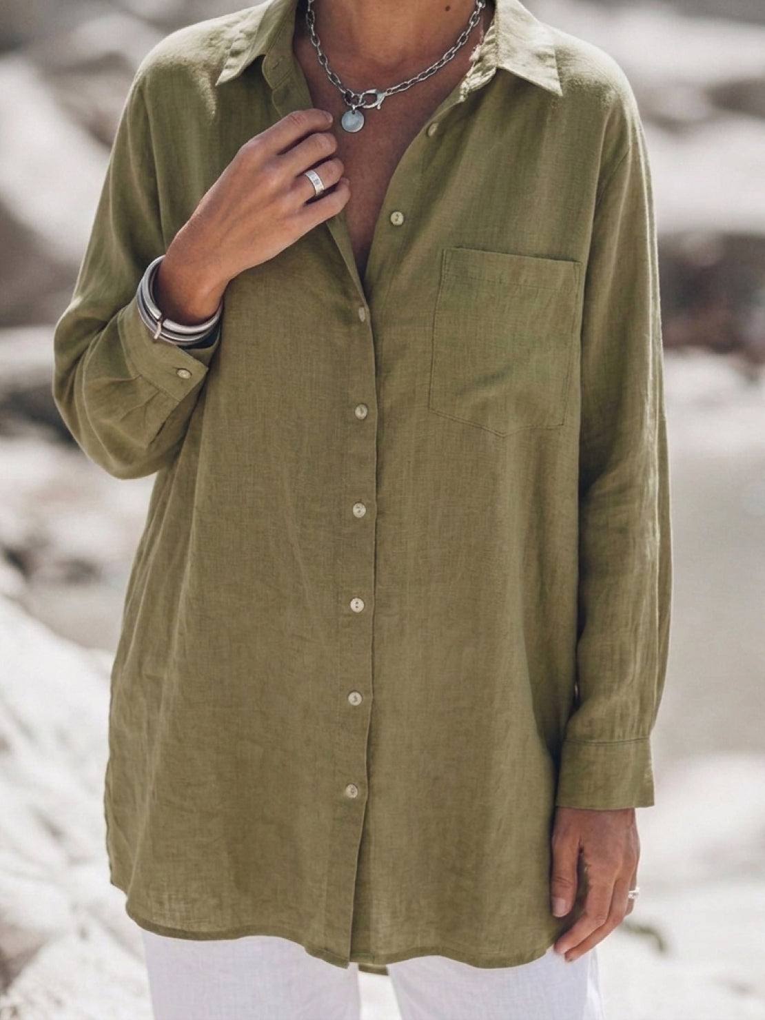 relaxed oversized 100% cotton linen shirt with dropped shoulders and back pleat detail