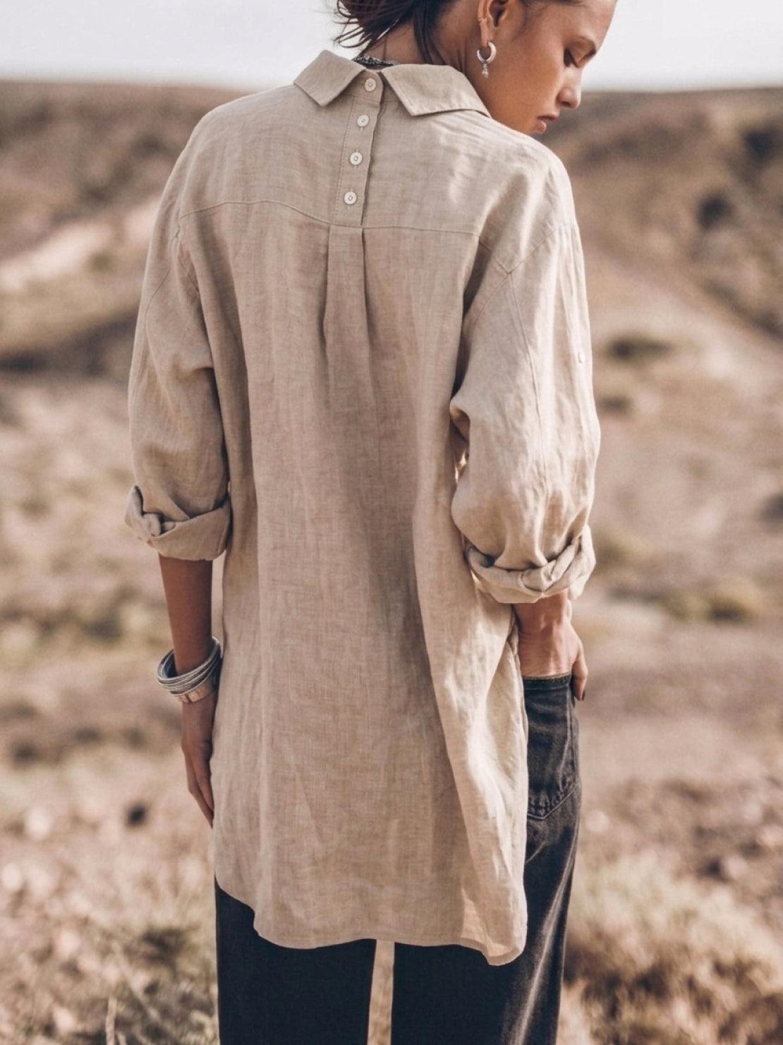 Oversized relaxed cotton linen button-up shirt with dropped shoulders and back pleat detail