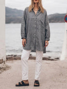 Oversized relaxed fit cotton linen shirt with dropped shoulders and back-pleat detail