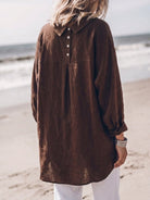 Oversized relaxed cotton linen shirt with dropped shoulders and back pleat detail