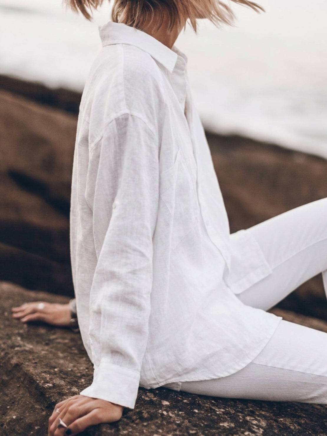 Relaxed oversized 100% cotton linen shirt with dropped shoulders and back-pleat detail