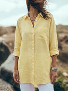 oversized relaxed cotton linen button-up shirt with dropped shoulders and back pleat detail