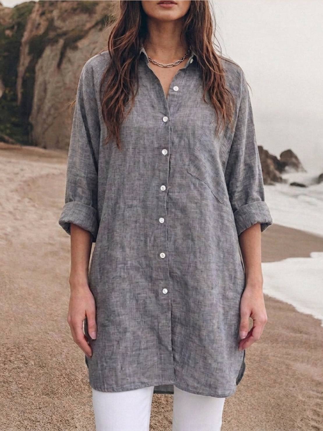 relaxed oversized 100% cotton linen shirt with dropped shoulders and back pleat detail