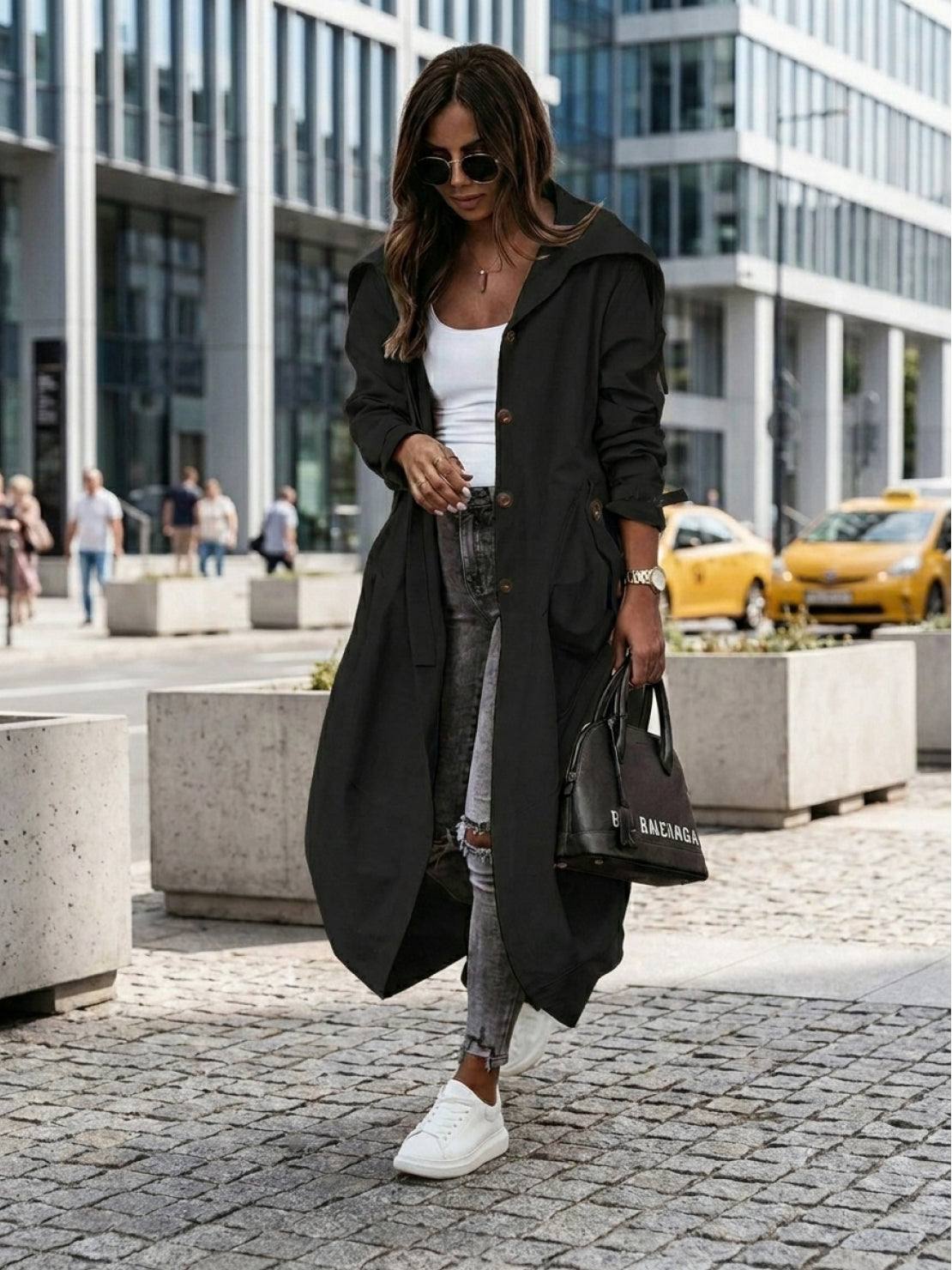 Plus-size minimalist hooded coat in oversized fit, lightweight and travel-friendly