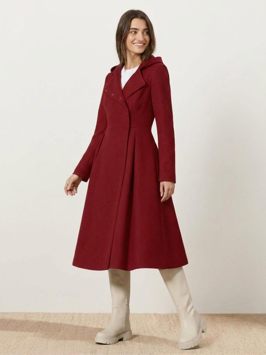 Elegant water-repellent A-line hooded raincoat for women with matching belt and insulated lining