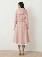 Elegant water-repellent A-line hooded raincoat with belt and insulated lining for women