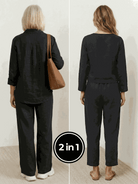 Two women wearing casual chic duo breathable cotton and linen two-piece sets standing outdoors