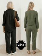 Two women modeling Casual Chic Duo breathable cotton and linen mix-and-match outfits
