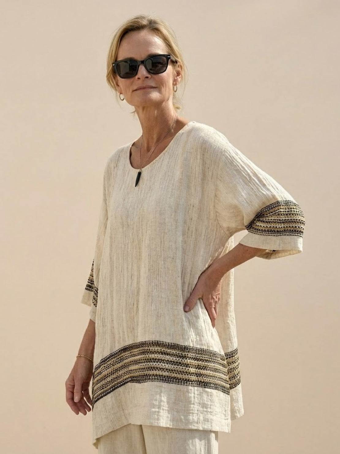 Coastal Comfort Linen two-piece set with artisan crochet and breathable fabric