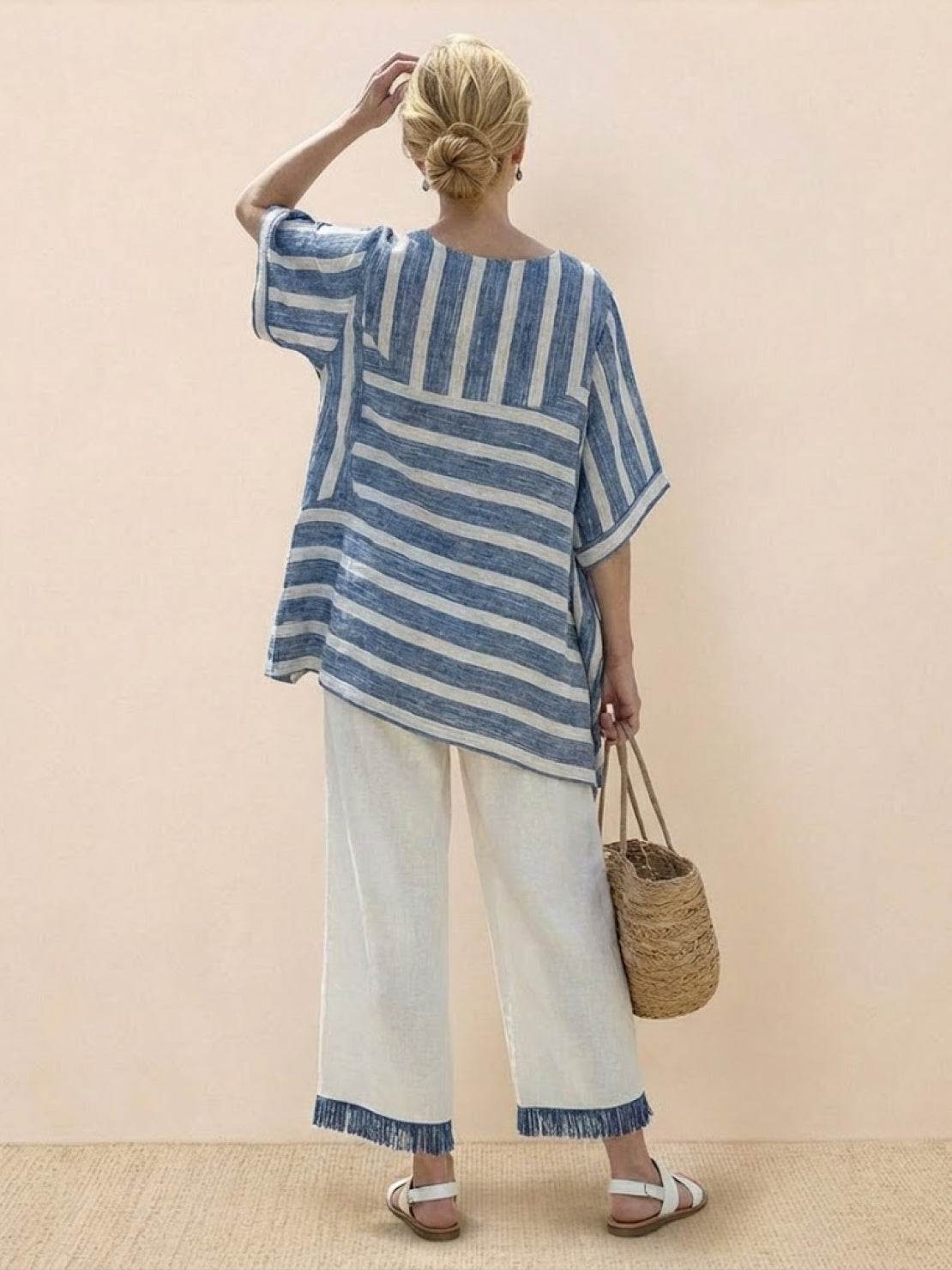 Coastal Comfort Linen two-piece set with lace and wide-leg pants in breathable fabric