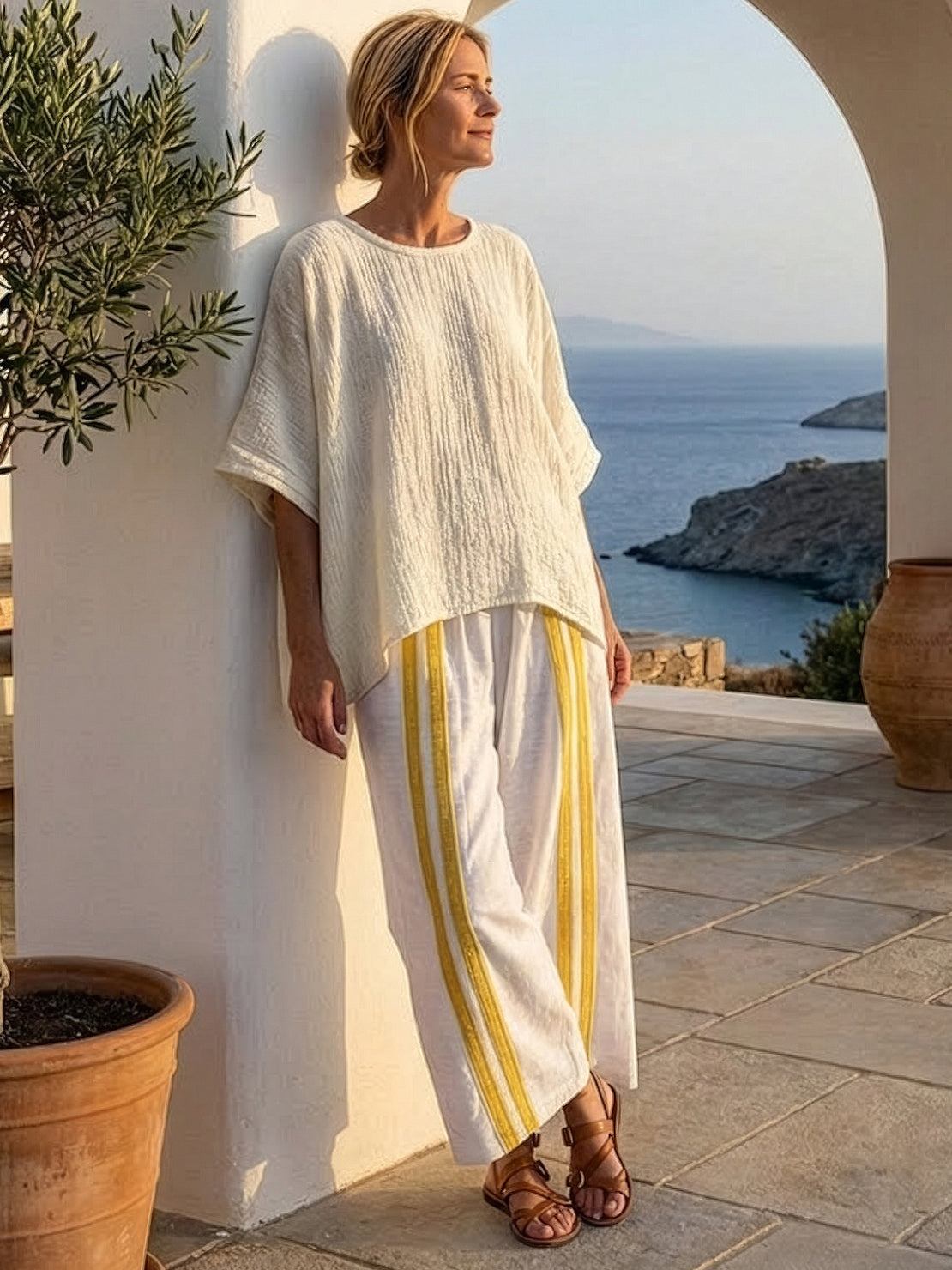 Coastal Comfort Linen two-piece set with artisan crochet and breathable fabric