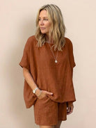 Comfy linen-like shirt and shorts two-piece set in breathable fabric for versatile casual and office wear