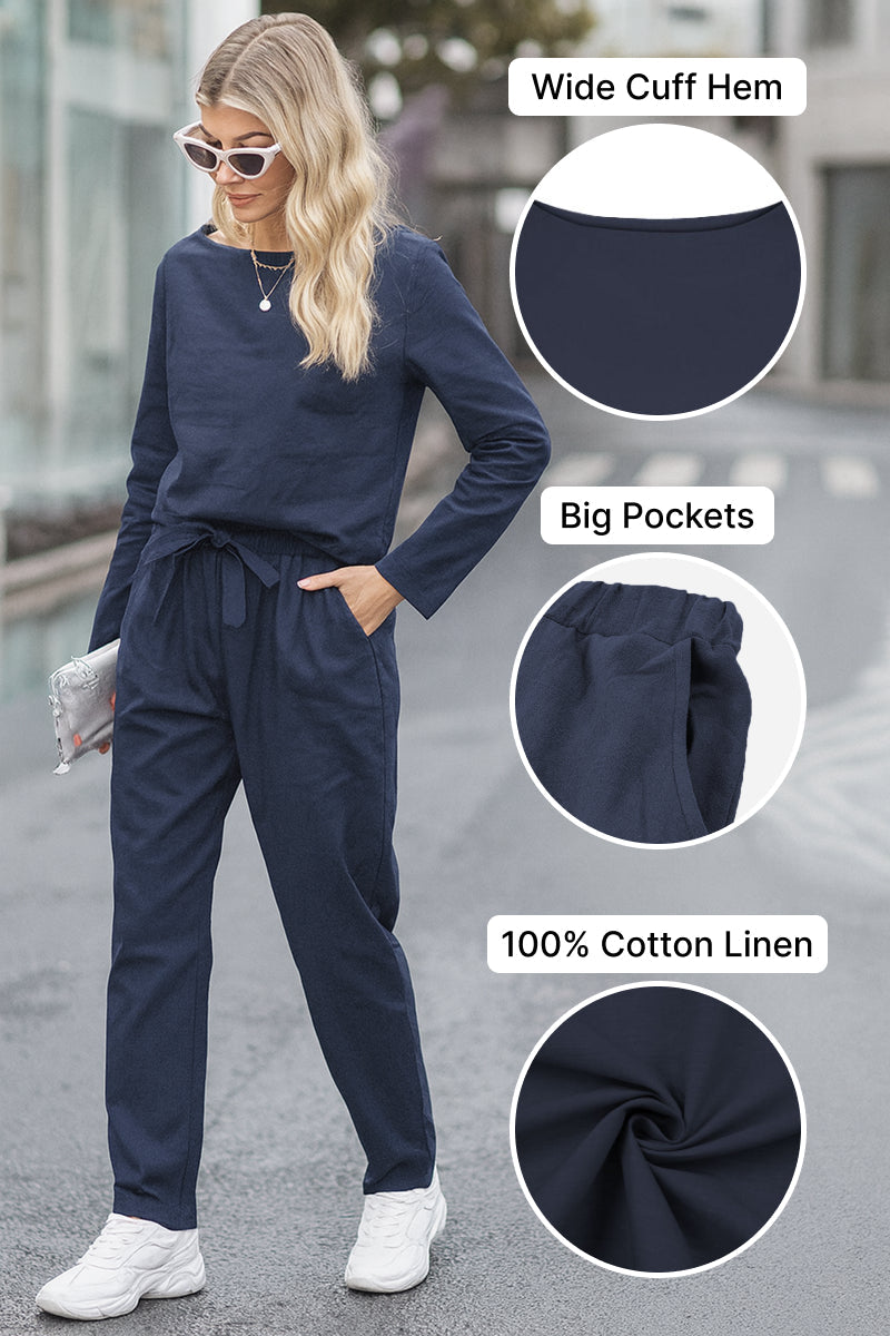 Woman wearing navy cotton-linen monochrome capsule set with wide cuff hem and big pockets