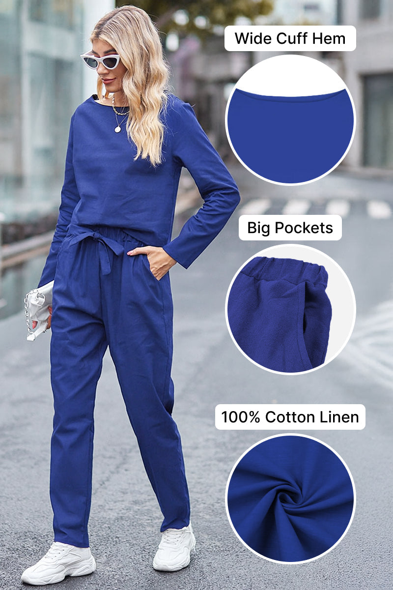 Woman wearing a cobalt blue cotton-linen monochrome set with wide cuff hem, big pockets, and relaxed fit pants in outdoor setting